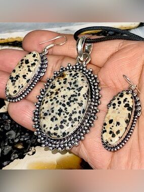 Dalmatian Jasper Stone Crystal Pendant & Earrings Set
